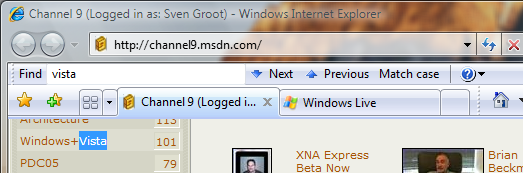 Find As You Type in operation in Internet Explorer 7