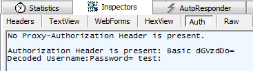 Fiddler Auth Inspector view of HTTP Authentication; password blank
