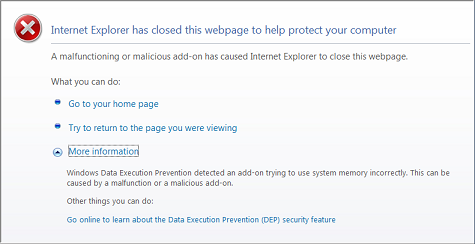 Error page for DEP/NX Crash Recovery