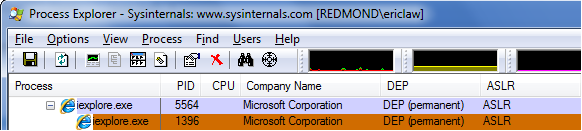 Process Explorer showing DEP Permanent for iexplore.exe
