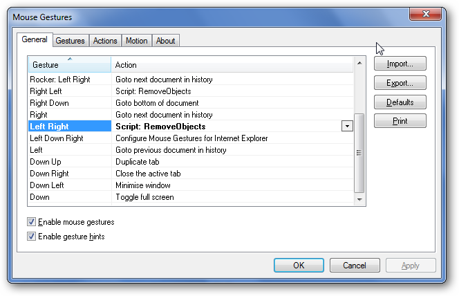 Gesture to Action mapping screenshot