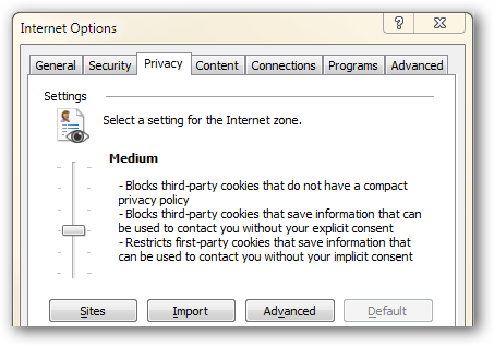 Internet Control Panel Privacy tab